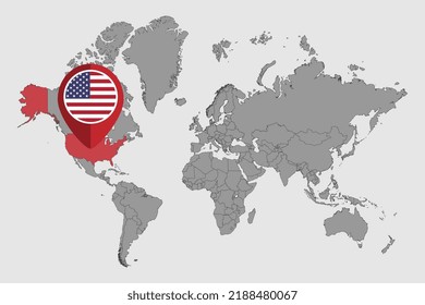 Pin map with USA flag on world map.Vector illustration.