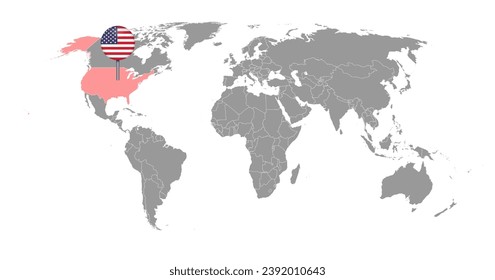 Mapa de pines con la bandera de EE.UU. en el mapa del mundo.Ilustración vectorial.