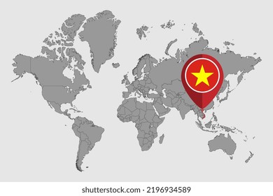 Mapa con la bandera de Vietnam en el mapa del mundo. Ilustración vectorial.