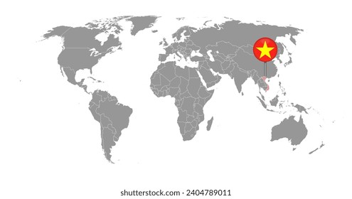 Mapa con la bandera de Vietnam en el mapa del mundo. Ilustración vectorial.