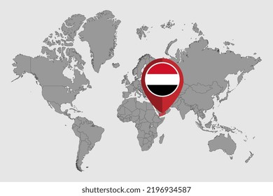 Pin map with Yemen flag on world map. Vector illustration.