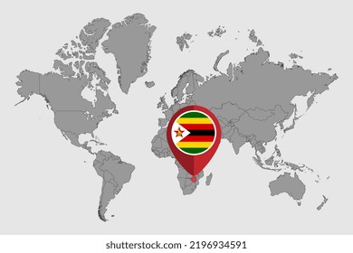 Pin map with Zimbabwe flag on world map. Vector illustration.