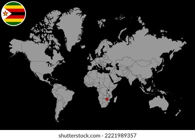 Pin map with Zimbabwe flag on world map. Vector illustration.