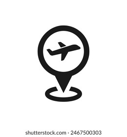 Pin maps with plane. Airport location pointer icon flat style isolated on white background. Vector illustration