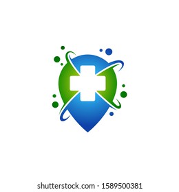 Pin medical cross logo design. Healthy application logo design. Medical center and healthcare logo template. Health planet vector illustration