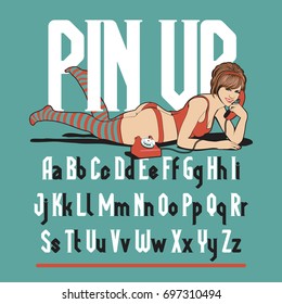 PIN UP - fuente serif de línea mono. Conjunto completo de caracteres de alfabeto y chica de pinza retro con teléfono vintage