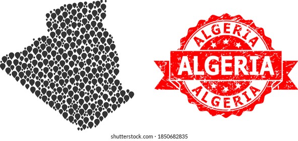 Pin mosaic map of Algeria and grunge ribbon stamp. Red stamp seal has Algeria title inside ribbon. Abstract map of Algeria is designed of scattered aim icons. Abstract scheme.