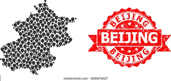 Pin mosaic map of Beijing Municipality and scratched ribbon stamp. Red stamp seal has Beijing caption inside ribbon. Abstract map of Beijing Municipality is created with random pointer symbols.