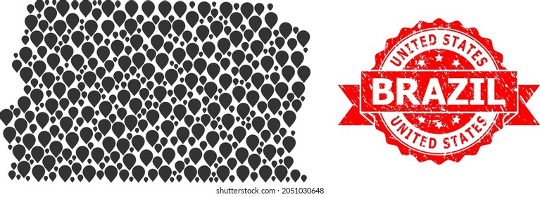 Pin mosaic map of Brazil - Distrito Federal and grunge ribbon seal. Red seal has United States Brazil caption inside ribbon.