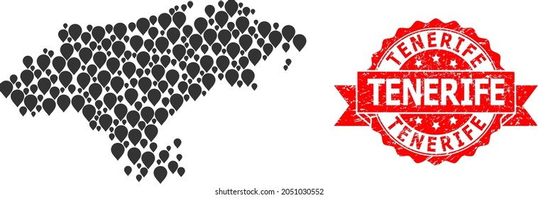 Pin mosaic map of Cantabria Province and scratched ribbon seal. Red stamp seal includes Tenerife caption inside ribbon. Abstract map of Cantabria Province is composed from scattered pin icons.