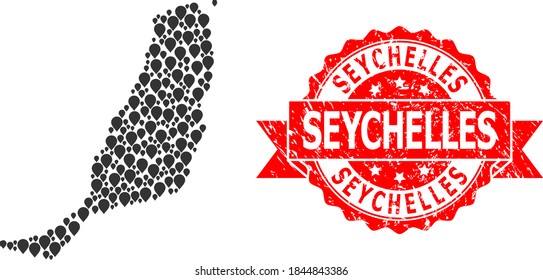 Pin mosaic map of Fuerteventura Island and grunge ribbon seal. Red stamp seal includes Seychelles title inside ribbon. Abstract map of Fuerteventura Island is formed from random marker icons.