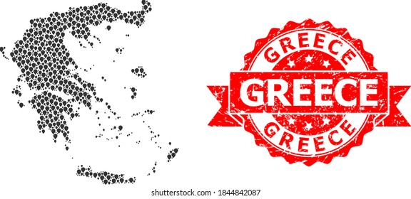 Pin mosaic map of Greece and grunge ribbon seal. Red seal has Greece title inside ribbon. Abstract map of Greece is organized with random destination elements. Abstract scheme.