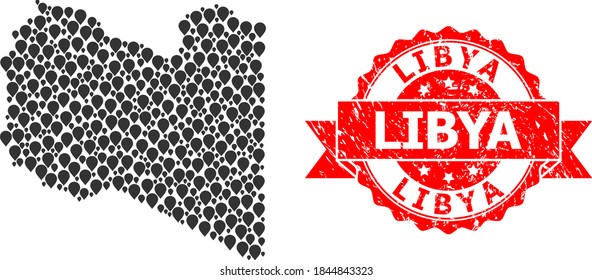 Mapa de mosaico de alfiler de Libia y marca de agua de cinta gruesa. El sello rojo tiene texto libio dentro de la cinta. El mapa abstracto de Libia está construido a partir de elementos dispersos. Resumen.