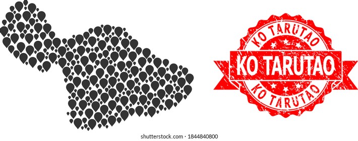 Pin mosaic map of Maui Island and scratched ribbon stamp. Red stamp seal has Ko Tarutao caption inside ribbon. Abstract map of Maui Island is constructed from random pointer symbols. Abstract scheme.
