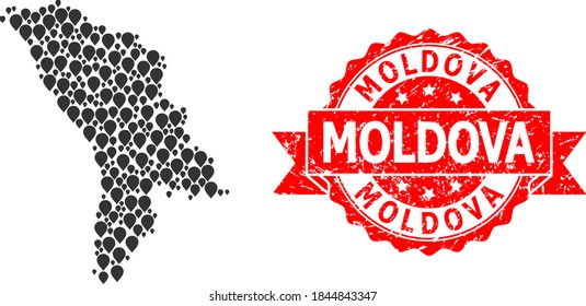 Pin-Mosaik-Karte von Moldawien und gekratzte Bandmarke. Rote Briefmarke hat Moldau-Anhänger in der Schleife. Abstrakte Karte Moldawiens ist aus verstreuten Markerartikeln entworfen. Abstrakter Plan.