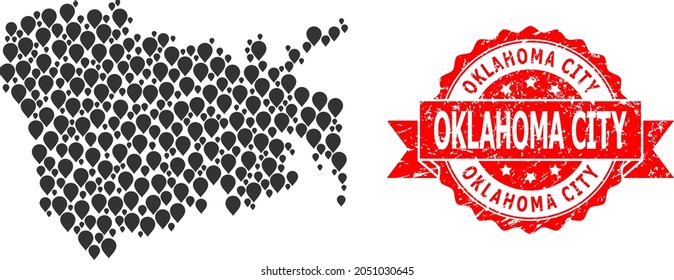 Pin mosaic map of Nuku Hiva Island and scratched ribbon seal. Red seal has Oklahoma City text inside ribbon. Abstract map of Nuku Hiva Island is done of randomized navigation symbols. Abstract scheme.