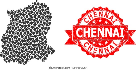 Pin mosaic map of Sikkim State and grunge ribbon stamp. Red stamp includes Chennai tag inside ribbon. Abstract map of Sikkim State is done from randomized destination icons. Abstract plan.