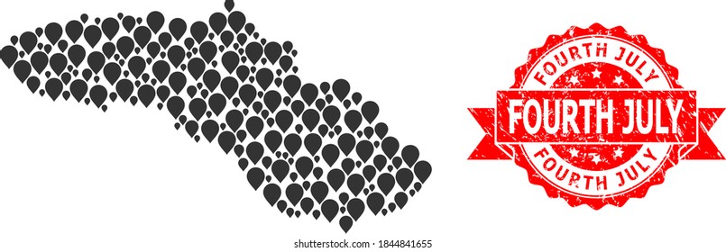 Pin mosaic map of Sumba Island and scratched ribbon stamp. Red stamp seal has Fourth July tag inside ribbon. Abstract map of Sumba Island is constructed with scattered destination icons.