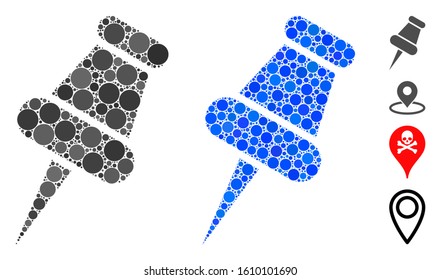 Pin mosaic of small circles in various sizes and color tinges, based on pin icon. Vector filled circles are united into blue mosaic. Dotted pin icon in usual and blue versions.