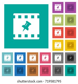 Pin movie multi colored flat icons on plain square backgrounds. Included white and darker icon variations for hover or active effects.