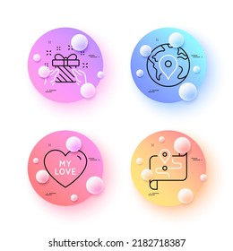 Pin, My love and Map minimal line icons. 3d spheres or balls buttons. Gift icons. For web, application, printing. Map point, Sweet heart, Journey road. Present. Pin line icon banner. Vector