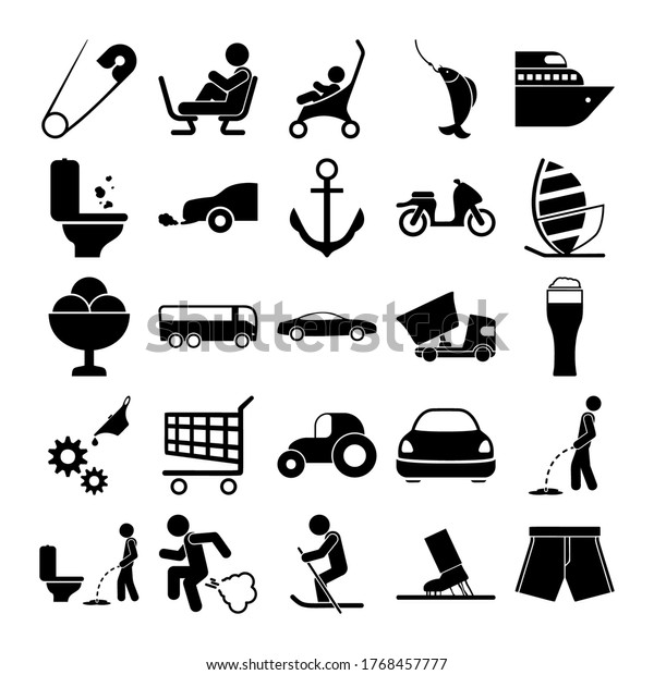 pin needle, feet on the\
chair, man, baby stroller, fish on the hook, ship, toilet trash,\
car carbon monoxide icons set. Vector minimalistic illustrations\
pack