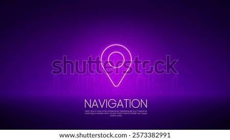 Pin neon icon. Glowing neon navigation sign, outline pointer on background of a fantastic city. Navigation banner or poster, location marker, address place for your app or website. Vector illustration