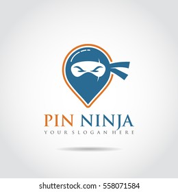Pin Ninja Logo Template. Pin Map and icon ninja concept. Vector Illustrator eps.10