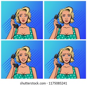 Pin up old retro style woman talking phone and feeling different emotions happiness, sadness, surprise wandering, confusion. Woman gils character smiling and crying. Vector isolated flat graphic