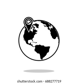 pin on global world map icon. Flat design Vector Illustration