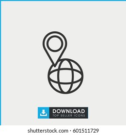 pin on globe icon. simple outline pin on globe vector icon. on white background.