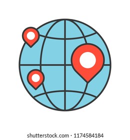 pin on globe, location or branch of business icon, editable stroke outline