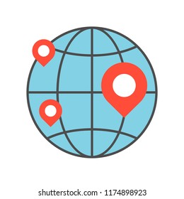pin on globe, location or branch of business icon