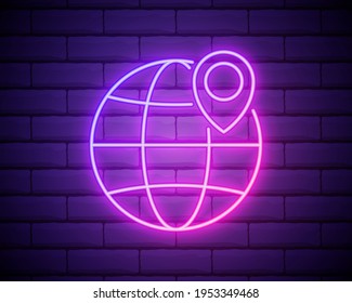 pin on the globe neon icon. Elements of Navigation set. Simple icon for websites, web design, mobile app, info graphics isolated on brick wall.