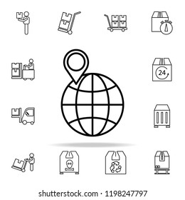 pin on the globe outline icon. Cargo logistic icons universal set for web and mobile