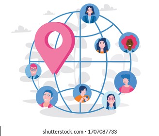 Pin on globe and people. Vector illustration 