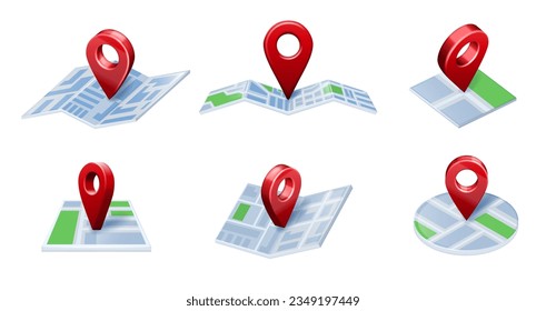 Pin en el mapa. Iconos de ubicación 3D, navegación GPS de la ciudad y mapas apuntando flechas aisladas ilustraciones vectoriales conjunto de la ciudad del pin gps, navegación de la ubicación