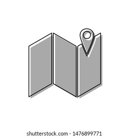 Pin on the map. Black line icon with gray shifted flat filled icon on white background. Illustration.