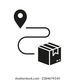 Pin on Map with Box, Shipment Distance Silhouette Icon. Parcel Location Glyph Pictogram. Delivery Service Route Solid Sign. Order Path Symbol. Isolated Vector Illustration.
