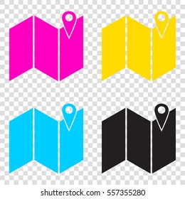Pin on the map. CMYK icons on transparent background. Cyan, magenta, yellow, key, black.