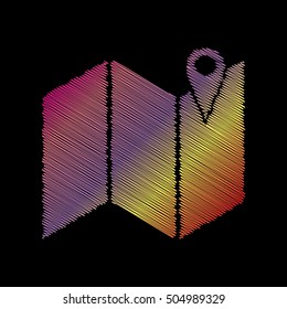 Pin on the map. Coloful chalk effect on black backgound.