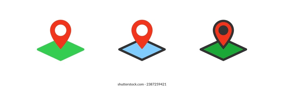 Pin en el conjunto de iconos de color de mapa con fondo transparente. Símbolo del marcador de navegación, etiqueta GPS de geolocalización, ubicación de marca, pin de ubicación, símbolo de posición de icono, conjunto de ilustración vectorial.