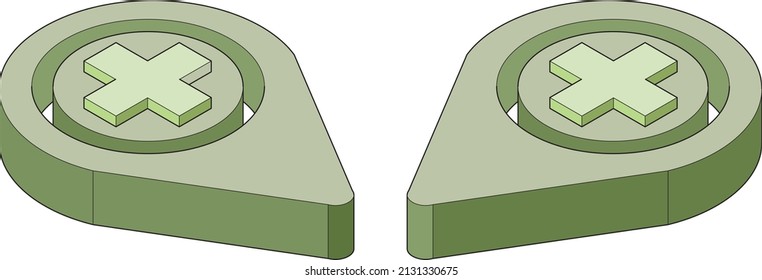 A pin on a map with a cross mark indicating a pharmacy, hospital or other medical facility. Upward isometric, three-dimensional material. Can be used for infographics.