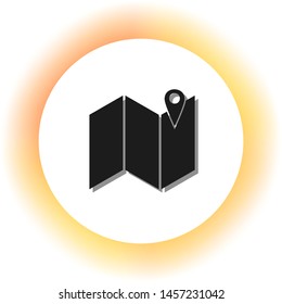 Pin on the map. Dark icon with shadow on the glowing circle button. Illustration.