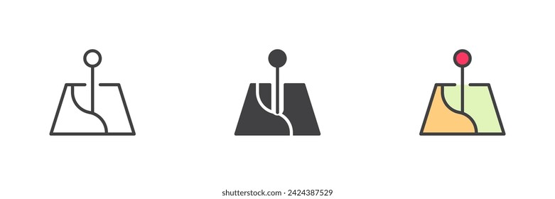 Pin on map different style icon set. Line, glyph and filled outline colorful version, outline and filled vector sign. map with location mark symbol, logo illustration. Vector graphics