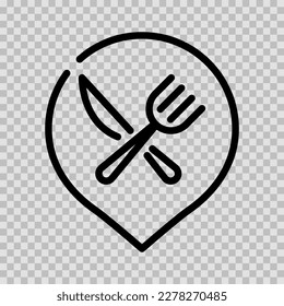 Pin on map for eat icon vector editable stroke, Food delivery line symbol, Location caffe, restaurant or lunch point on the road sign outline on transparent background.