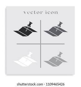 Pin on the map flat black and white vector icon.