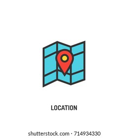Pin on a map, geo location. Real estate, travel colorful flat, outline vector icon