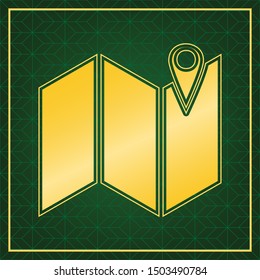 Pin on the map. Golden icon with gold contour at dark green gridded  background. Illustration.