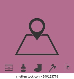 Pin on the map icon flat. Simple vector grey pictogram and bonus symbol